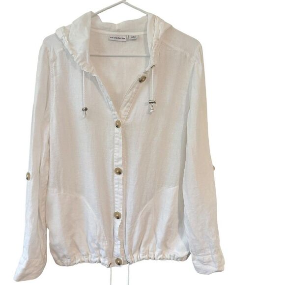Liz Claiborne Women Sz MEDIUM White Linen Hooded Lightweight Front Button Jacket - Picture 1 of 6